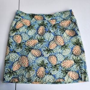 Talbots Pineapple Print Skirt Women's Blue Green Yellow Stretch Cotton Sz 12